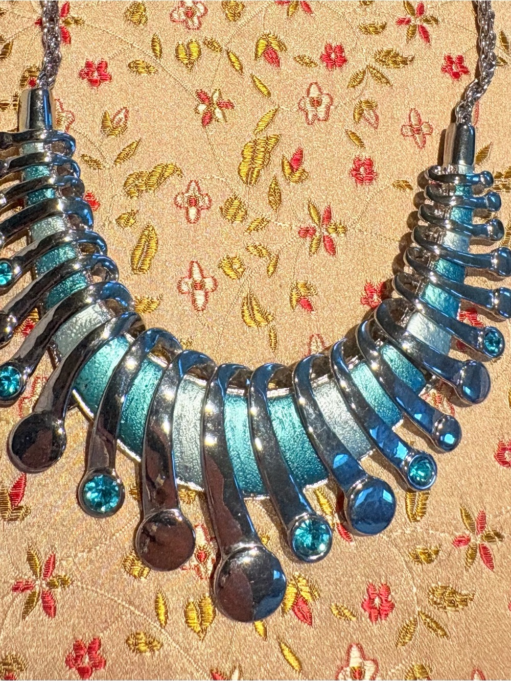 Blue Statement Bib Necklace Sputnik Futurist Silver & Blue Crystals Enamel